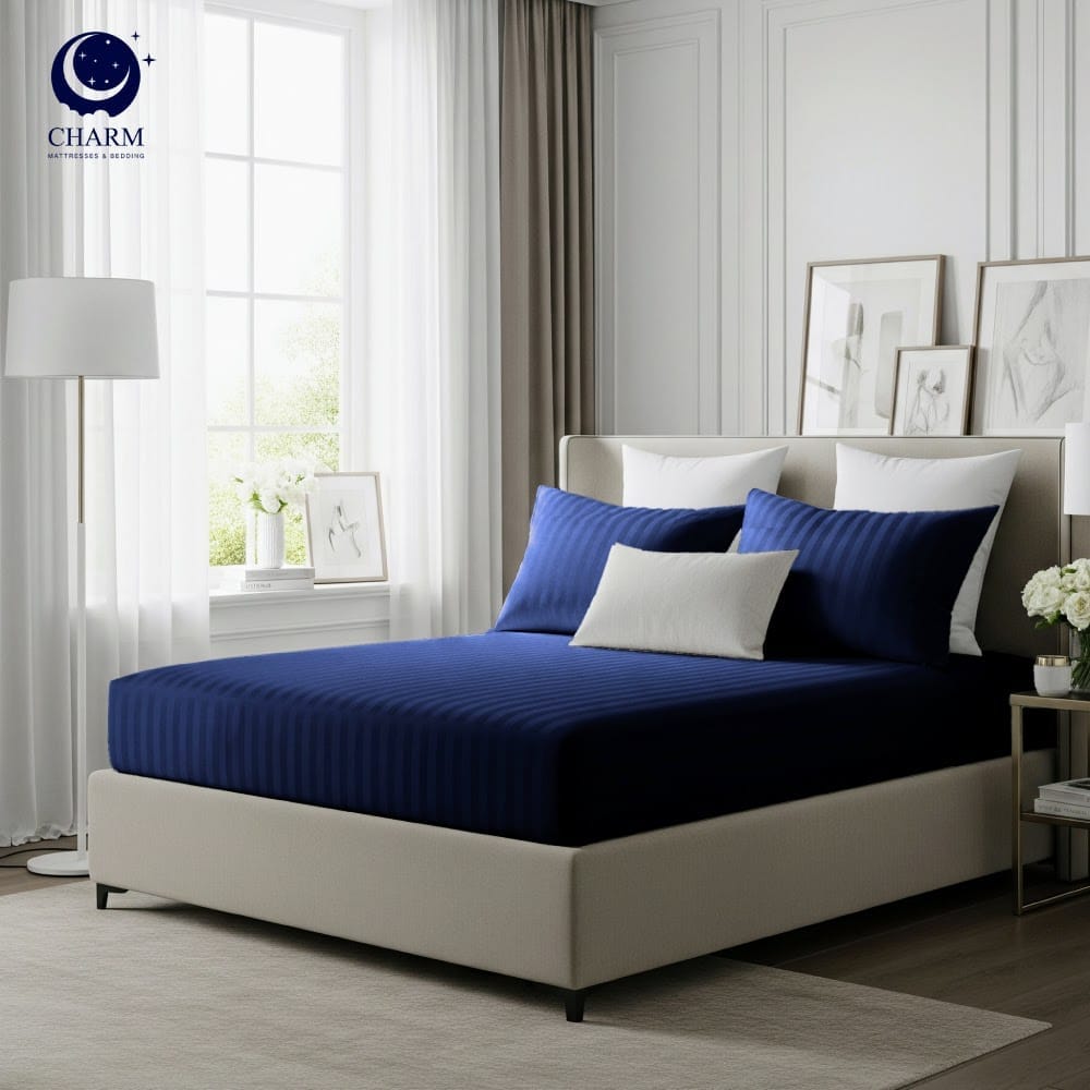 ผ้าปูที่นอน CHARM ผ้าซาตินลายริ้ว สีกรม ขนาด 3.5 ฟุต